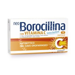 neo borocillina 1,2 mg + 70 mg pastiglie con vitamina c senza zucchero 1,2 mg + 70 mg pastiglie con vitamina c senza zucchero 16 pastiglie in  blister pvc-pe-pvdc/al