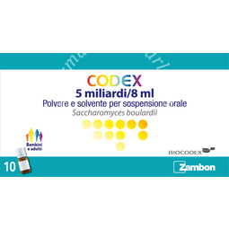 Codex 5 miliardi/8 ml polvere e solvente per sospensione orale  saccharomyces boulardii 10 flaconcini in pet di solvente con polvere in tappo contenitore in ldpe