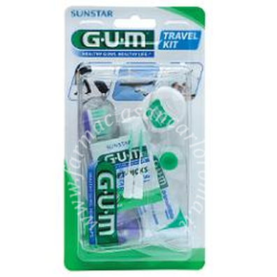 Gum travel kit viaggio 1 spazzolino pieghevole gum travel + 1 dentifricio viaggio 12 ml + 1 rocchetto filo interdentale 10mt + 2 scovolini gomma gum soft picks