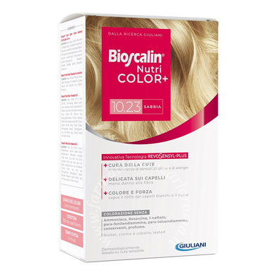 Bioscalin nutricolor plus 10,23 sabbia crema colorante 40 ml + rivelatore crema 60 ml + shampoo 12 ml + trattamento finale balsamo 12 ml