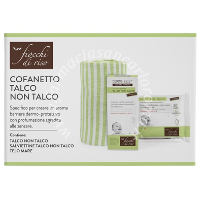 Fiocchi di riso cofanetto talco non talco 1 emulsione talco non talco 120 ml + 1 salviette talco non talco + 1 telo mare