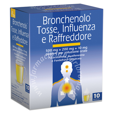 Bronchenolo flu tripla azione 500 mg + 200 mg + 10 mg polvere per soluzione orale 500 mg + 200 mg + 10 mg polvere per soluzione orale 10 bustine in in/alu/ldpe/carta