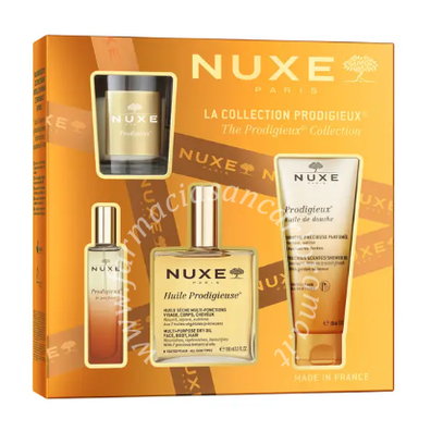 Nuxe coffret huile prodigieuse 2025 1 huile prodigieuse 100 ml + 1 prodigieux le parfum 15 ml + 1 prodigieux precious scented shower gel 100 ml + 1 prodigieux candle