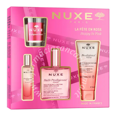 Nuxe coffret huile prodigieuse florale 2025 1 huile prodigieuse florale 100 ml + 1 prodigieux floral le parfum 15 ml + 1 prodigieux floral scented shower gel 100 ml + floral candle