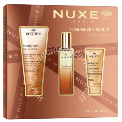 Nuxe coffret prodigieuz parfum 2025 1 prodigieux le parfum 30 ml + 1 prodigieux precious scented shower gel 100 ml + 1 prodigieux beautifying scented body lotion 30 ml