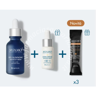 Miamo 2026 cofanetto aox boost&protect gf-5 glutathione 30 ml + mini agining defense sunscreen drops50+ 10 ml + skin defense x3