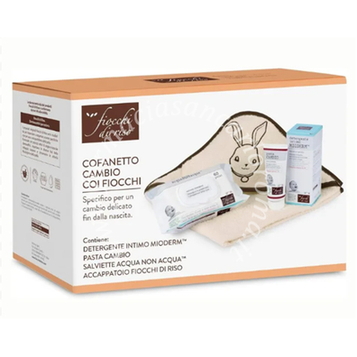 Fiocchi di riso cofanetto cambio detergente intimo mioderm 240 ml + pasta cambio 100 ml + acqua non acqua salviette detergenti 60 pezzi