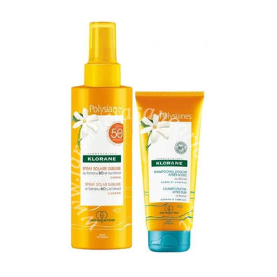 Klorane poly spray sublimatore tamanu monoi spf50 200 ml + shampoo doccia doposole monoi 75 ml
